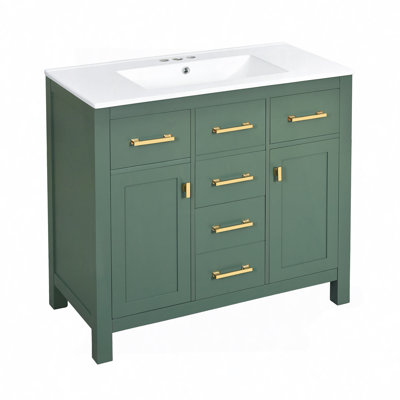 Bathroom Vanity With Ceramic Sink Combo Set,Modern Freestanding Single Bathroom Cabinet With 4 Drawers & 2 Cabinets,Storage Cabinet For Bathroom, Solid Wood Frame Vanity Set