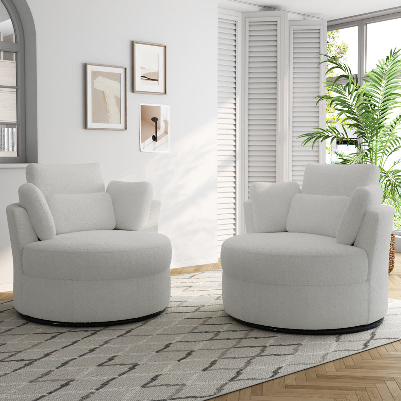 Upholstered Swivel Lounge Armchair With Pillow(Set of 2), Ivory Boucle