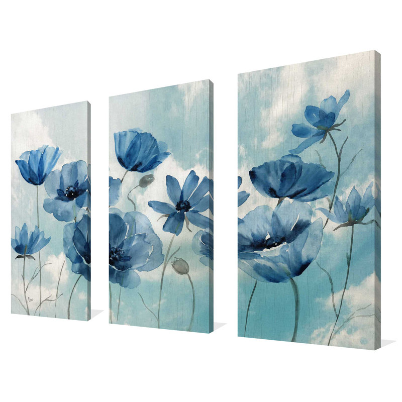 «Springing up Blue» - 3 pièces, reproduction d'art sur toile tendue, H 24 po x l 36 po x P 0,75 po
