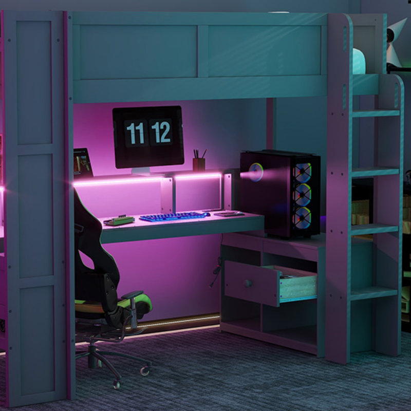 Lit mezzanine simple en bois avec bureau, tablettes multiples, Lit simple