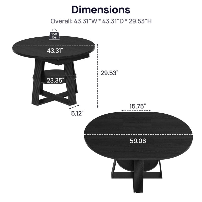 Table de salle à manger extensible 59 po pour 4 à 6 personnes avec tablette de rangement, table de cuisine cannelée Farmhouse