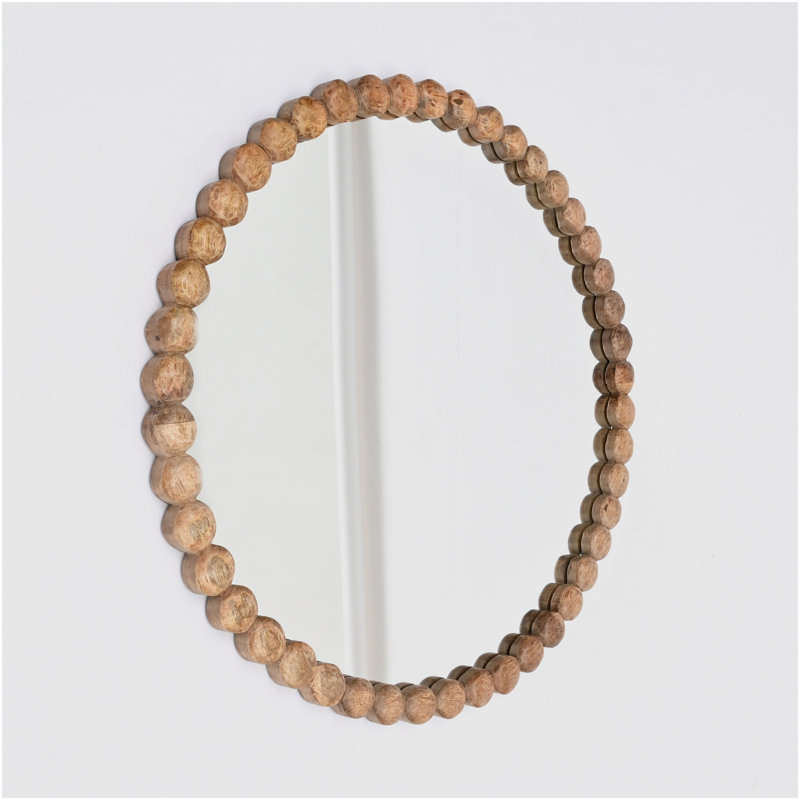 Miroir mural décoratif décoratif rond avec cadre en perles de bois naturel, 32 po
