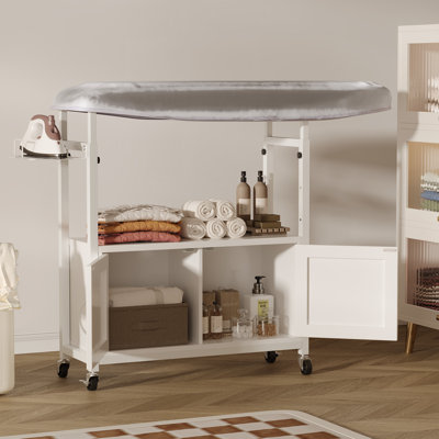 Planche à repasser compacte à hauteur réglable en bois avec armoire de rangement, plateau pliable et roues de frein pour chambre à coucher, salle de lavage ou appartement