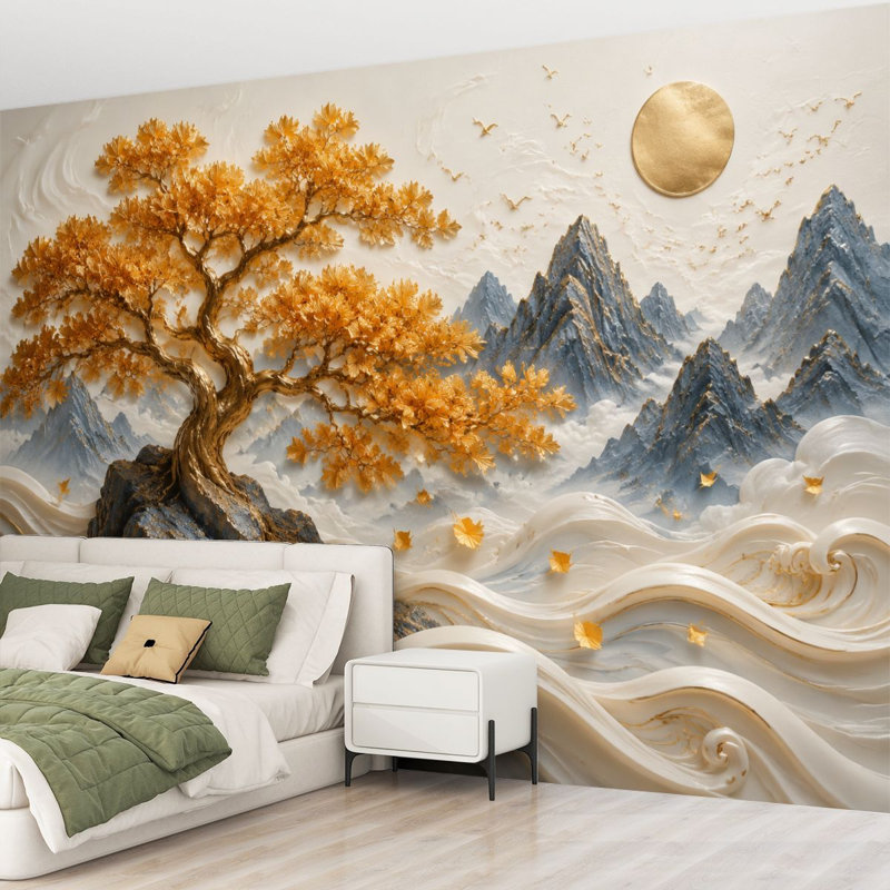 Papier peint adhésif peler et coller Golden Tree Mountain Landscape Abstract Waves Misty Peaks Effect, L 69 po x l 96 po