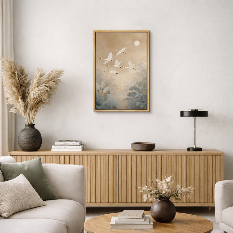 «Moonlit White Cranes», reproduction d'art numérique sur toile encadrée, H 24 po x l 16 po x P 1,5 po, Cadre naturel
