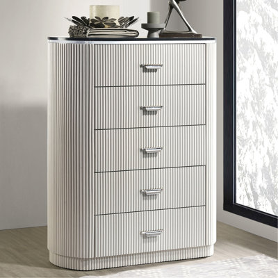 Modern Contemporary Style 1pc Chest Unique Look Chrome Handles Cultured Stone On Top 5-English Dovetail Drawers Vertical Receded Silver Line Light Gray Finish Bedroom Furniture