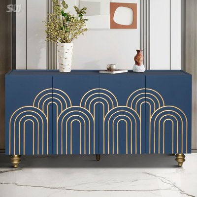 Modern Fluted Sideboard Buffet With Storage, Curve Element With Strict Lines, 4 Doors Storage Cabinet With Adjustable Shelves For Kitchen, Dining Room, Living Room