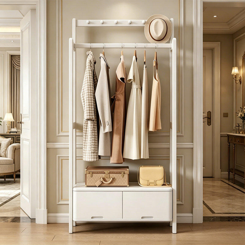 Walnut Wood Hall Tree Storage Rack, White
