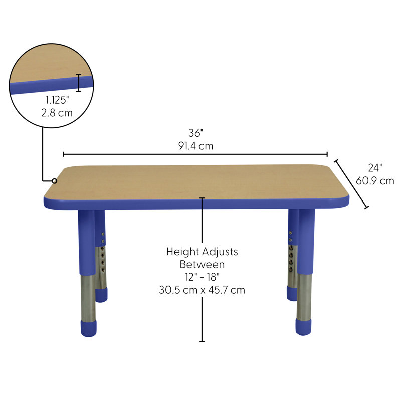 Table rectangulaire d'activités en T avec moulures totales réglables, H 18 po x l 36 po x P 24 po, Beige, Bleu