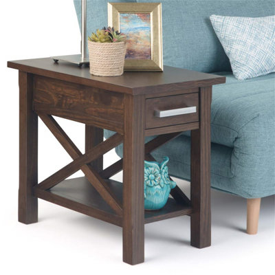 Kitchener 21"W Solid Wood Contemporary Square End Table with Drawer, Open Shelf and X-Design