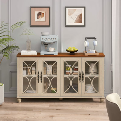 Armoire élégante à 4 portes de style européen antique avec portes en verre trempé, pour la salle à manger, le salon, le couloir, facile à assembler