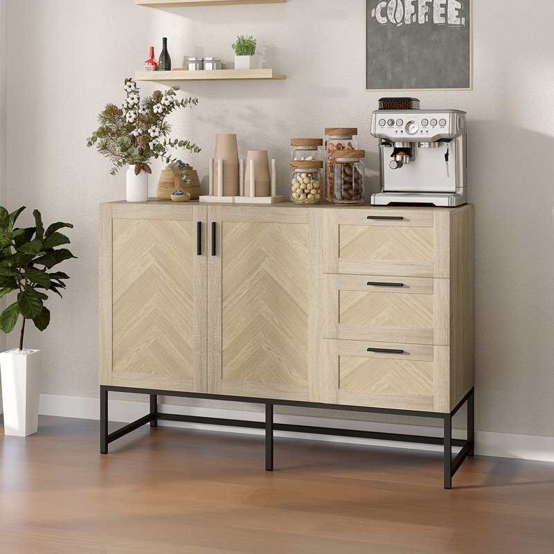 Sideboard Buffet Cabinet with Drawers and Adjustable Shelf, Oak