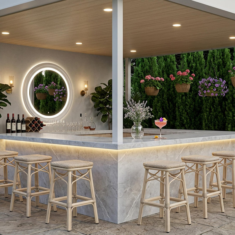 Tabouret de bar et de comptoir d'extérieur en rotin PE de style campagne française PURPLE LEAF (1 chaise), Light Beige