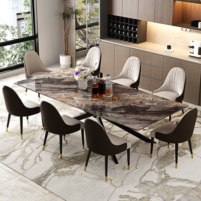 9 - Piece 110.23'' Extendable Rectangular Sintered Stone Dining Table With 8 Leather Chairs Dining Set