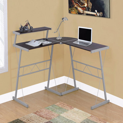 Bureau d'ordinateur, bureau personnel, coin, forme de L, travail, ordinateur portable, stratifié brun, métal gris, contemporain, moderne