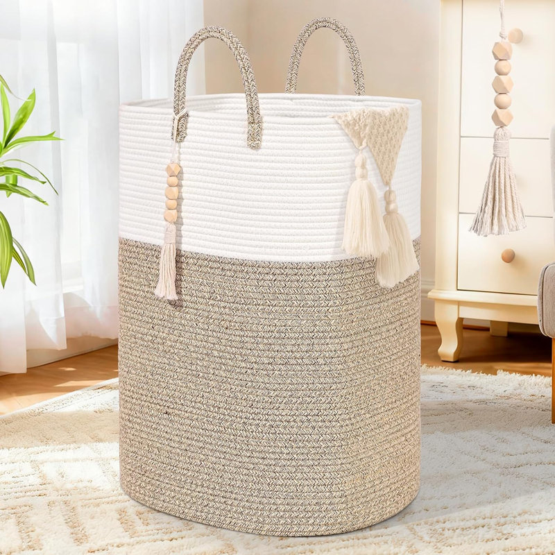 Panier à linge tissé avec pampille à perles, grand panier à linge rectangulaire 65L - Bac de rangement en ruppie maritime naturelle et corde de coton pour chambre de bébé, chambre à coucher, organisation de salle de lavage, rangement pour jouets esthétique