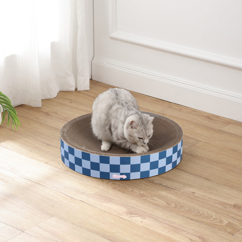 Nelson 20.13" Modern Cardboard Round Bowl Cat Scratcher with Catnip, Navy/Blue