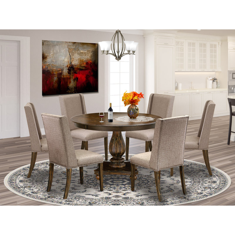 7 Piece Dining Table Set Consist of a Round Dining Room Table with Pedestal and 6 Dark Khaki Linen Fabric Parsons Chairs, Distressed Jacobean