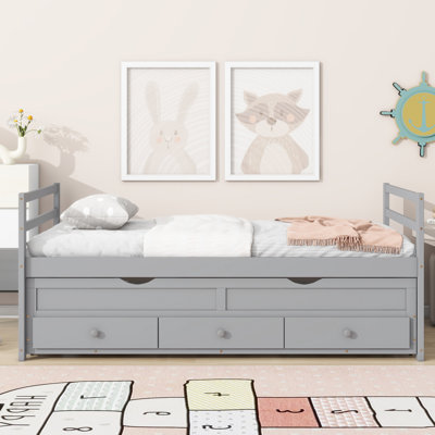 Twin Size Bed With Headboard, Footboard, Trundle And Three Storage Drawers, Twin Size Pine Wood Bed With Headboard, Footboard