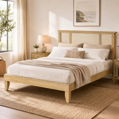 Full Bed Frame with Natural Rattan Headboard, Wood Slats, Metal Platform, Bohemian Style, No Box Spring