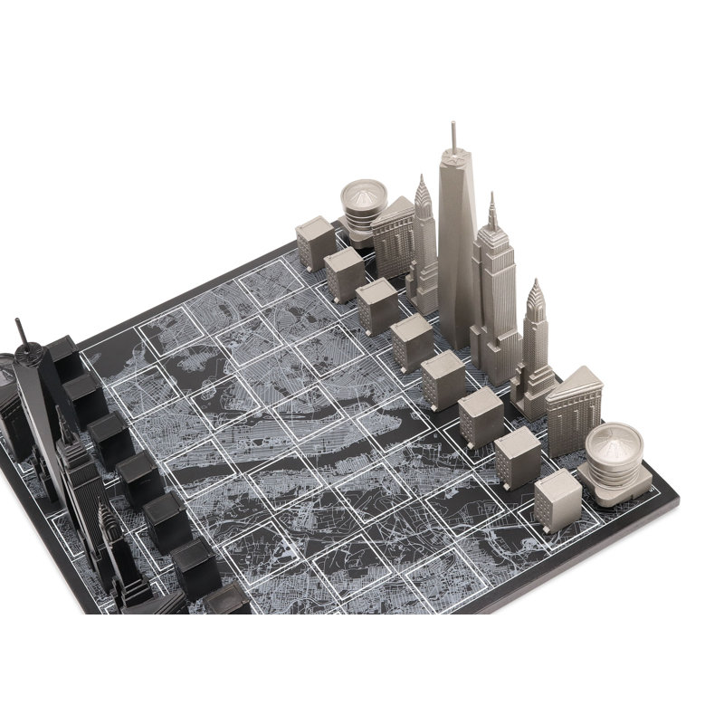 Acrylic New York Chess Set with Wood Map Board, Silver/Black