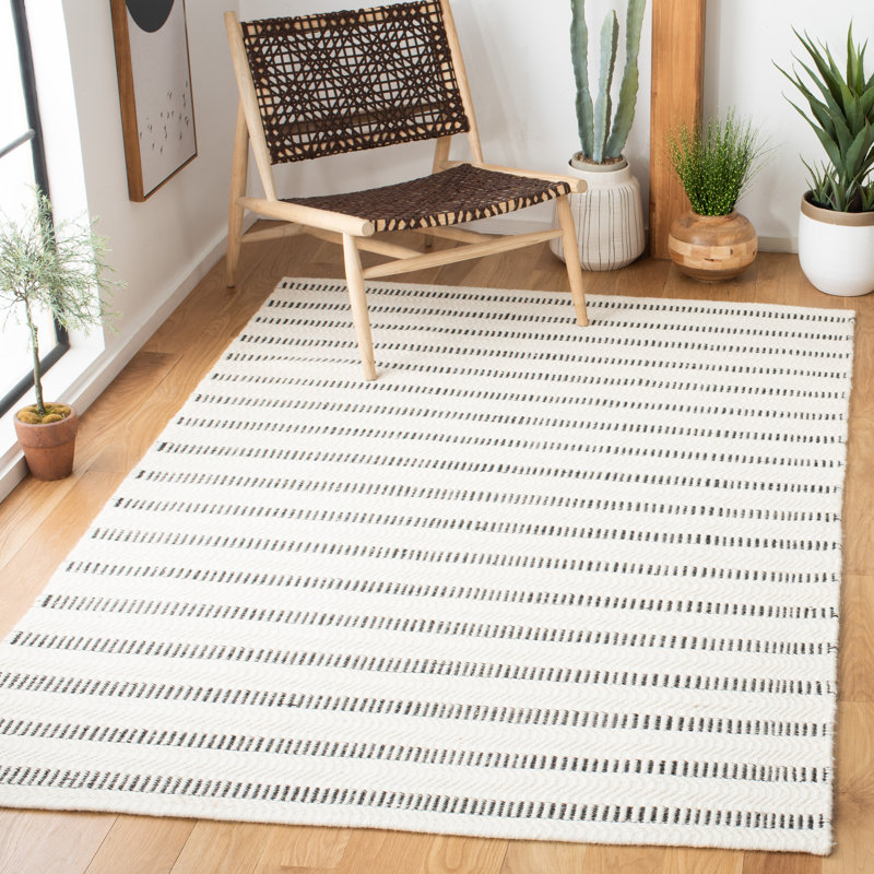 Oquendo Striped Handmade Tufted Cotton/Wool Black/Ivory Area Rug, Rectangle 5' x 8'