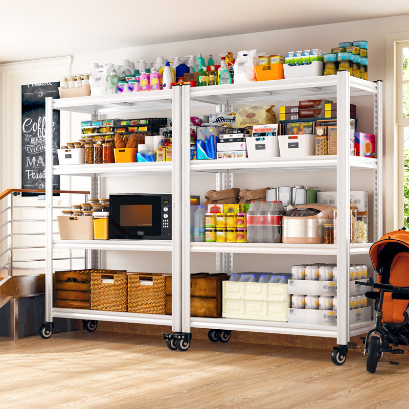 4-tier Heavy Duty Steel Shelving  Unit With 4 Lockable Wheels, Adjustable Shelving Rack With Double-layer Support Columns