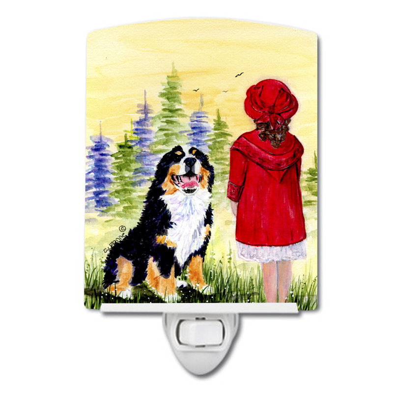 Petite fille avec son bouvier bernois mountain dog, éclairage de nuit en céramique