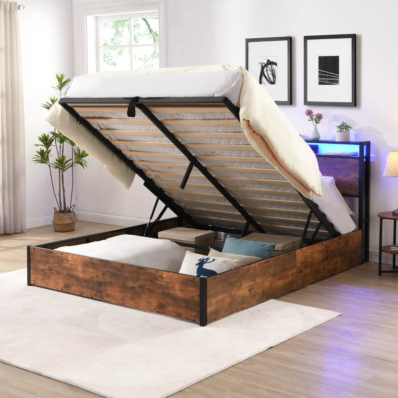 Queen Size Platform Bed With Storage, Led Lights & Headboard Extra Rustic Brown For Bedroom Comfort Storage Frame In Brown, Bookcase A Peaceful