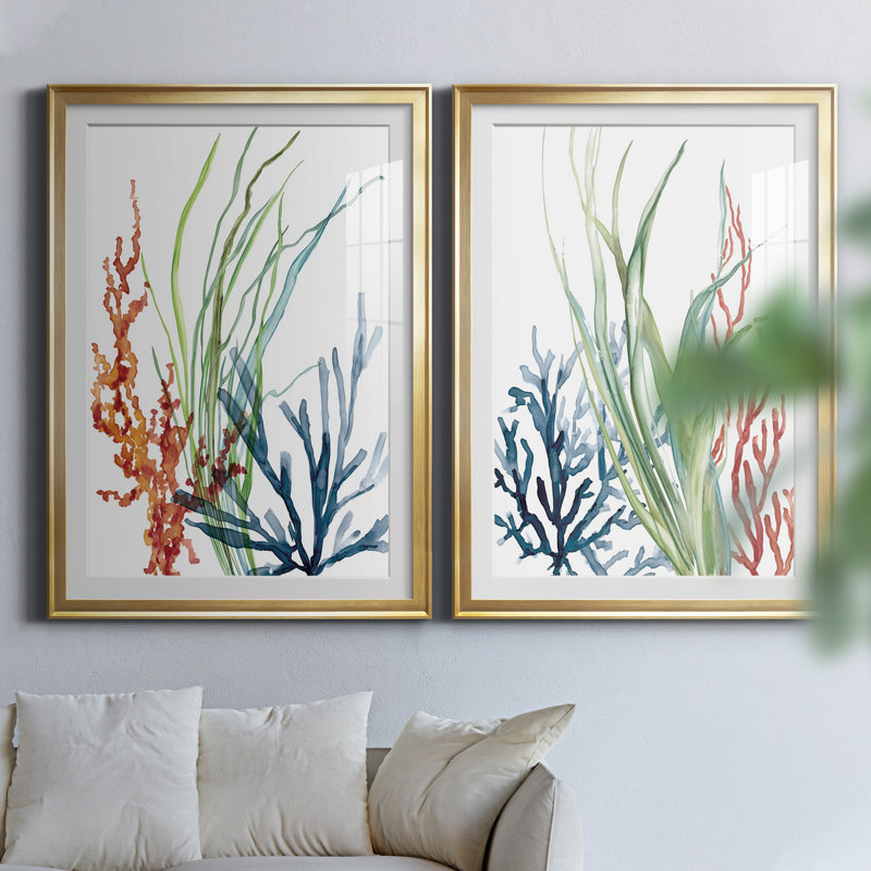 Océan jardin I - ensemble de 2 reproductions d'art encadrées, H 26,5 po x l 73 po, Impression encadrée avec passe-partout