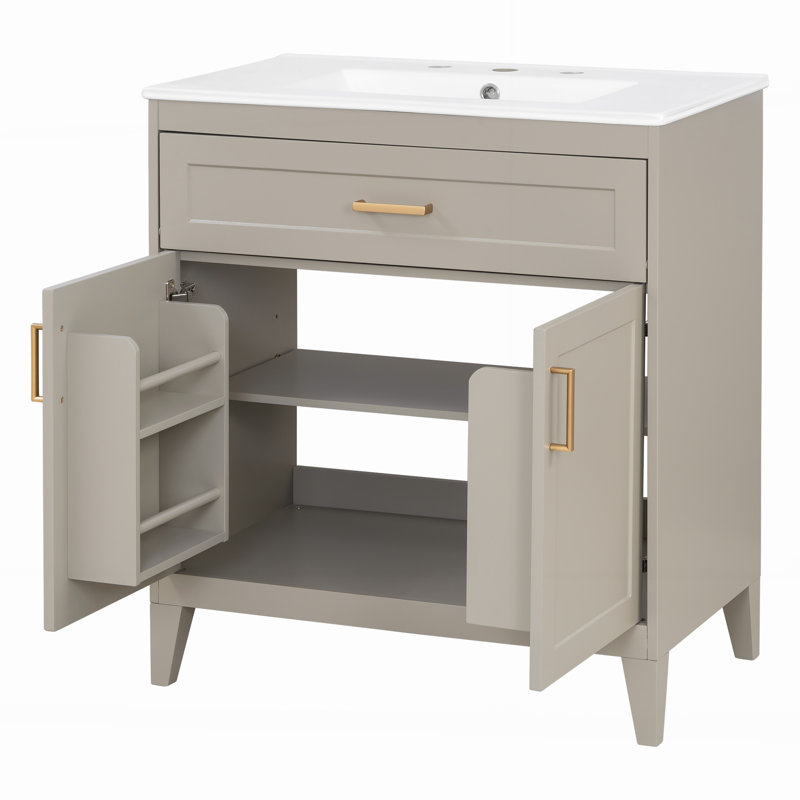 Meuble-lavabo de salle de bain de 76 cm avec tiroir basculant et organisateurs de porte, Taupe