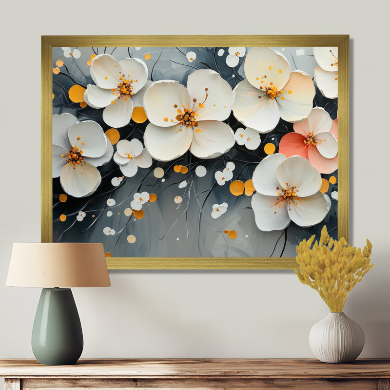 Mylasha rose, fleurs blanches et blanches Pure Bliss II - Fleurs murales, H 12 po x l 20 po, Avec cadre, Doré