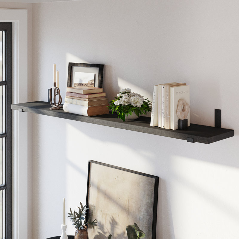 60" Long, 11.25'' Deep, 1.5" Thick, Wooden Floating Shelves For Wall, Metal Brackets Included, Ebony