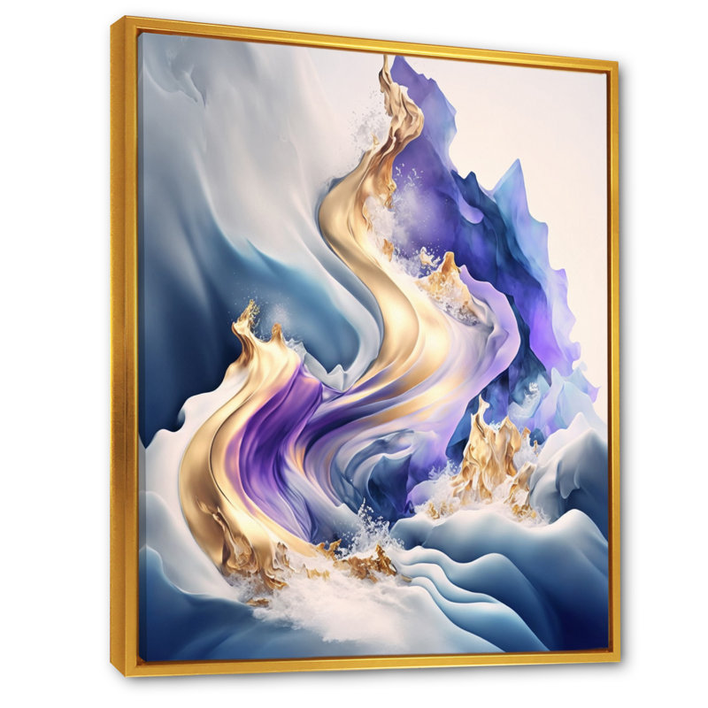 «Blue and Gold Splash Paint III», peinture sur toile, H 20 po x l 12 po x P 1 po, Toile avec cadre flottant or