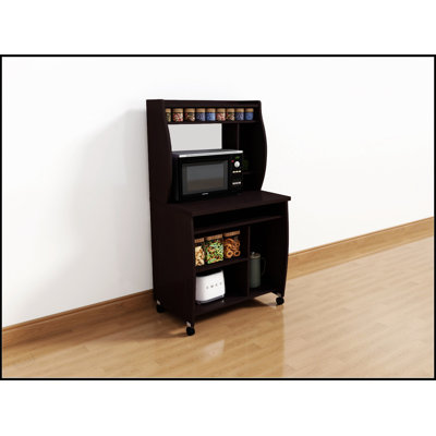 Versatile Microwave And Computer Cart With Hutch, Shelves, Spice Rack, And Locking Castors In Red Cocoa Espresso Finish