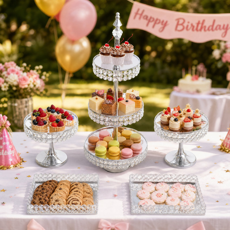 Présentoir à gâteaux 5 pièces - Fer, verre et acrylique avec finition galvanisée (argent)