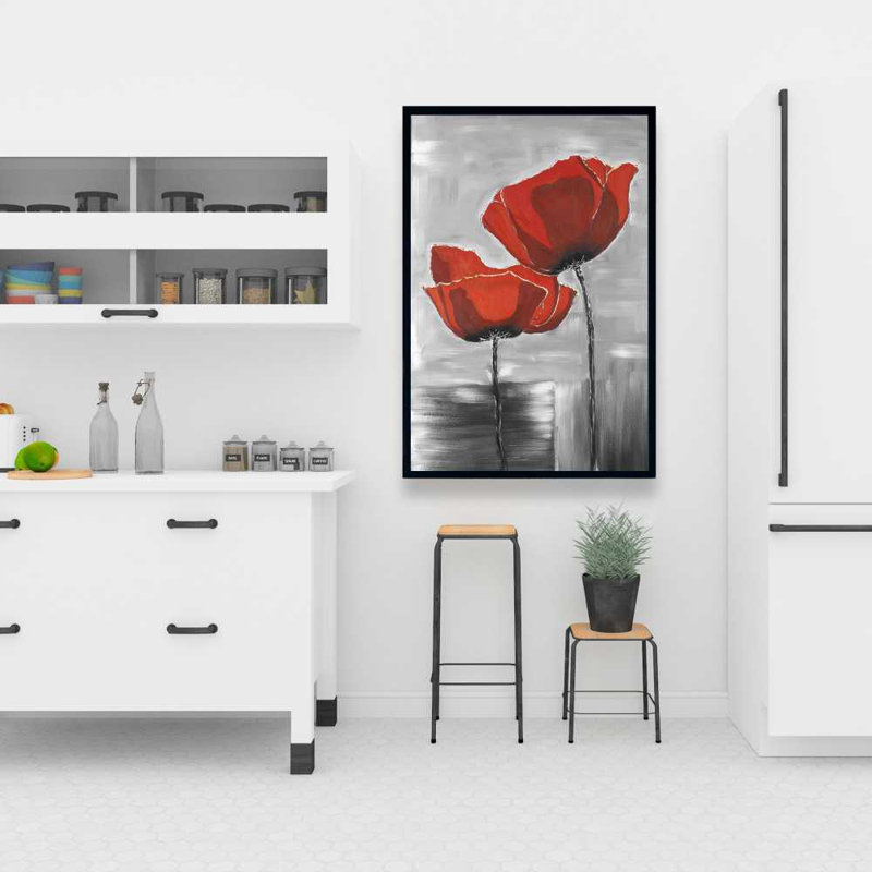 Two Red Flowers on Grayscale Background | Framed Canvas Art