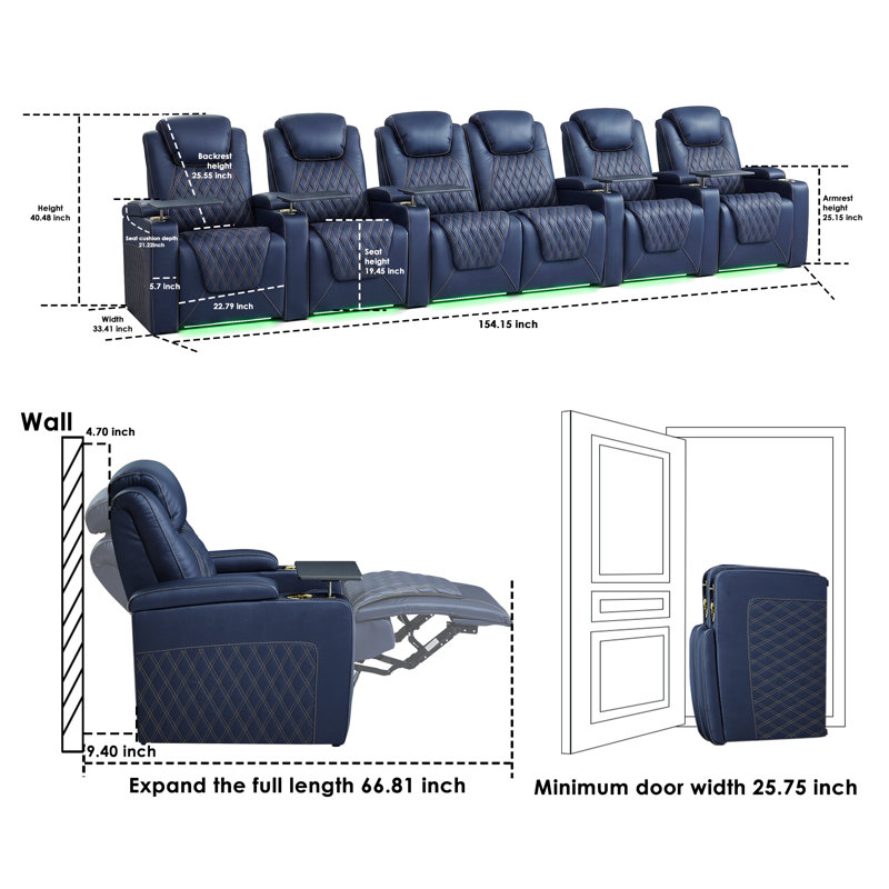 Siège de cinéma inclinable en cuir véritable avec éclairage ambiant à DEL 7 couleurs, appui-tête réglable, charge USB, porte-gobelets et console de rangement