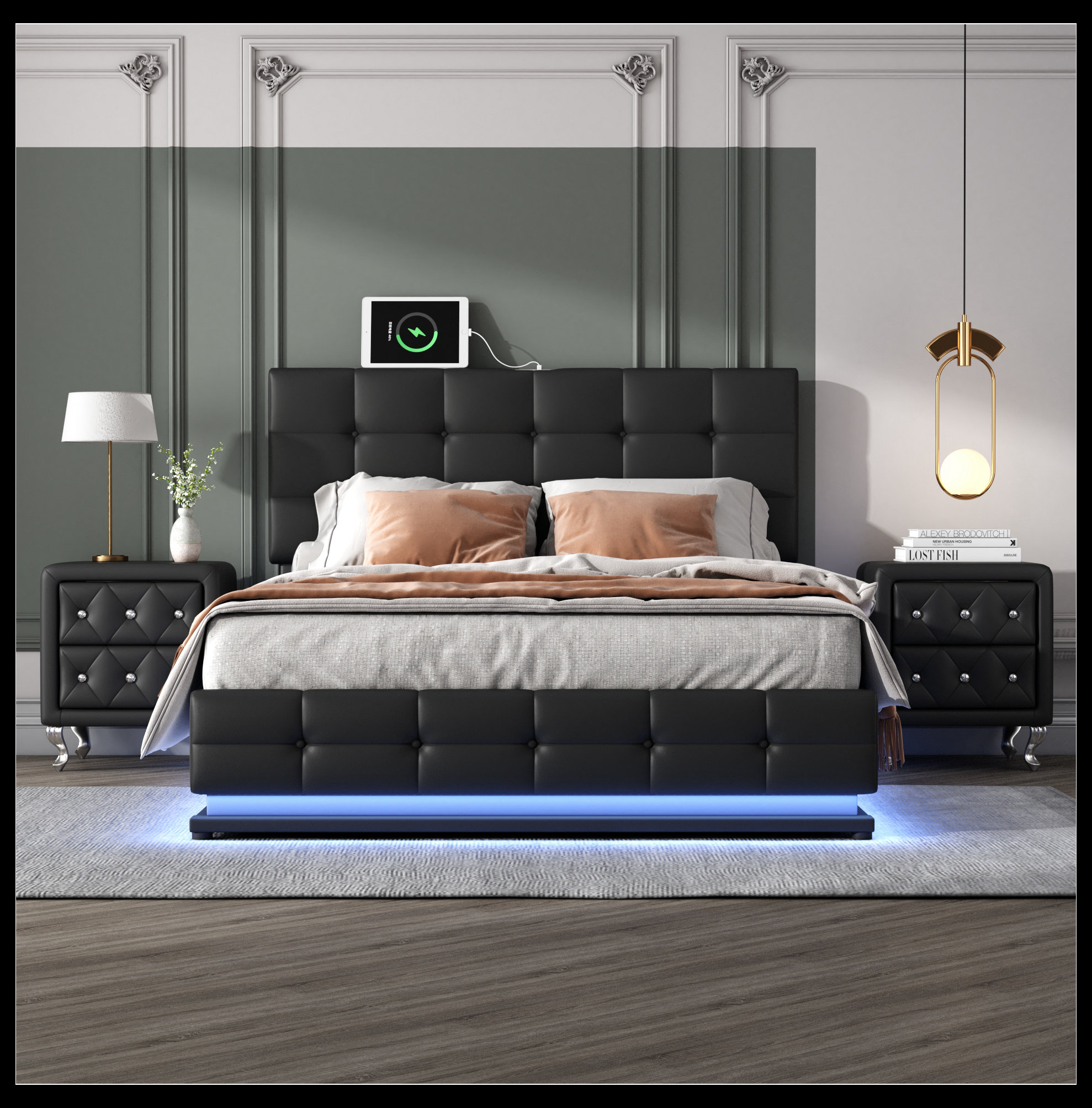 Wrought Studio Juquana 3-Pieces Bedroom Sets,Queen Size Upholstered Bed with LED Lights ...