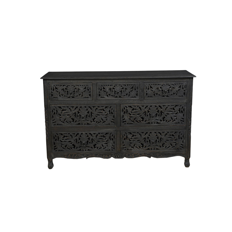 Commode double en bois massif à 7 tiroirs l 57 po Harleen, Noir
