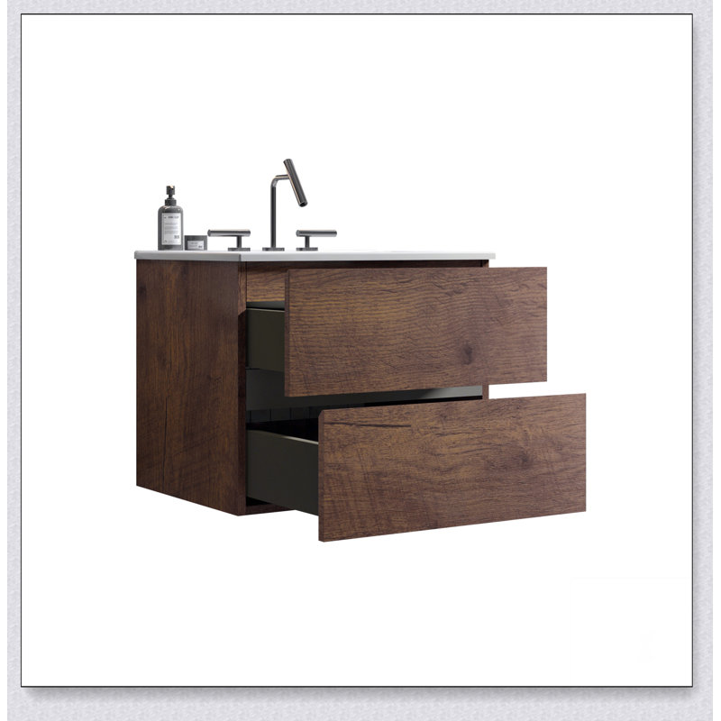 Meuble-lavabo mural avec lavabo en céramique avec trois trous de robinet, grand meuble-lavabo flottant de rangement pour salle de bain moderne, pré-assemblé