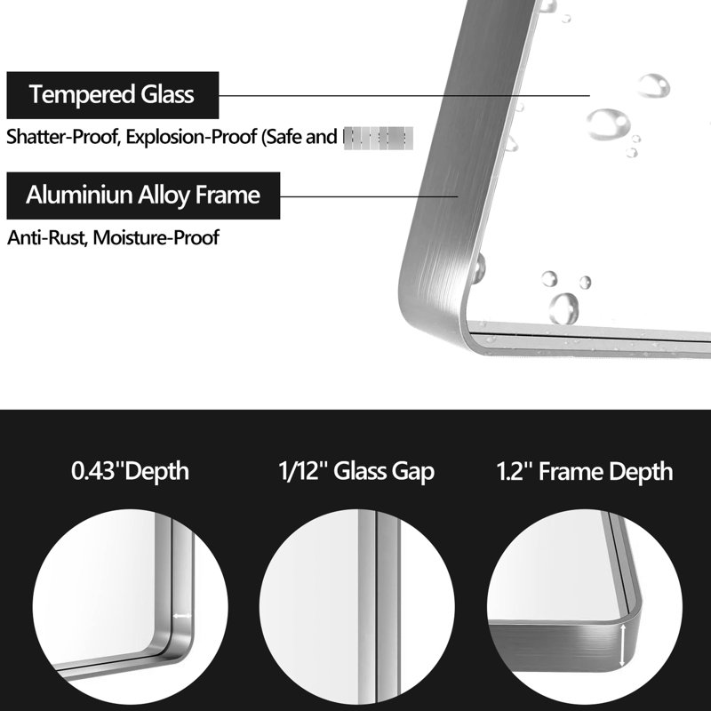 Miroir de salle de bain 22 po x 30 po en nickel brossé, conception moderne avec verre flottant à haute définition pour une vue dégagée - Rouille et installation sécuritaire Réflexion 30 po x 22 po du verre, emballage de protection suspendu