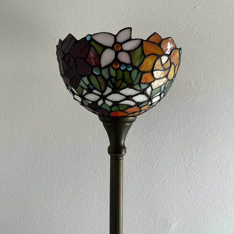 Tonsey Tiffany Torch Floor Lamp Red/Yellow Stained Glass Rose Flowers 12"W*12"D*66"H