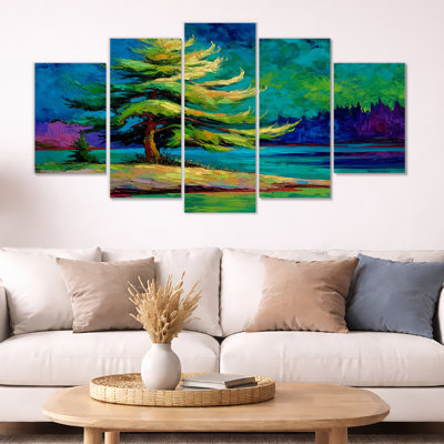 «Vibrant Green Pine Trees Morning Sun», reproduction d'art sur toile, décoration murale verte 5 pièces