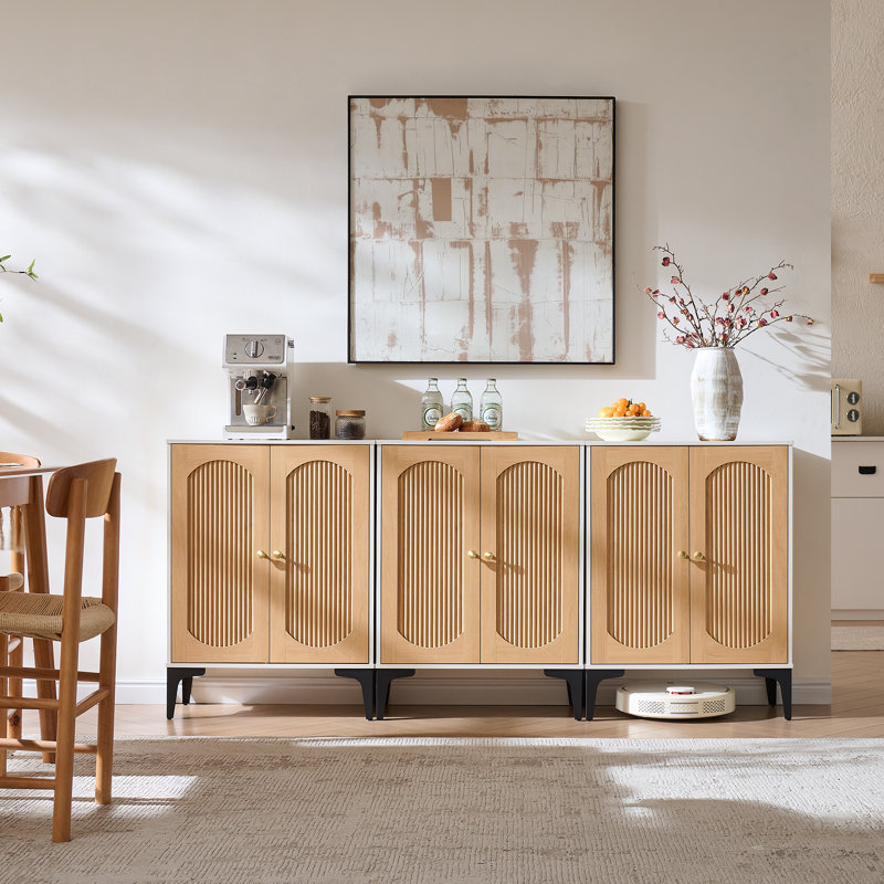 Armoire de rangement cannelée, blanc et chêne naturel, 1 pièce, White/Natural Oak