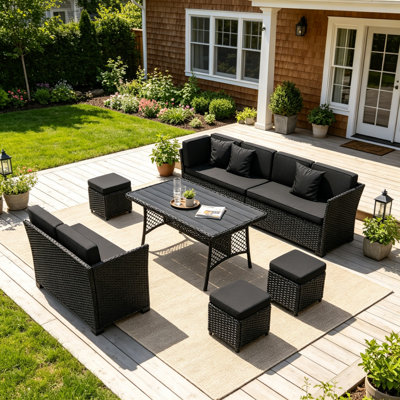 7 Piece Wicker Outdoor Patio Conversation Furniture Set with Dining Table
