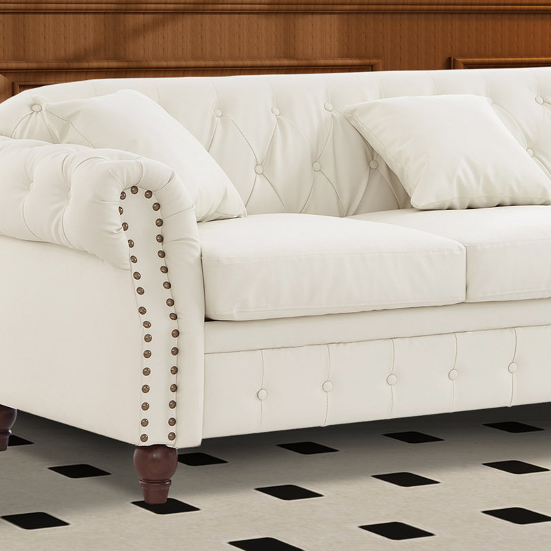 Canapé Chesterfield en similicuir avec rangement, Ivoire ivoire