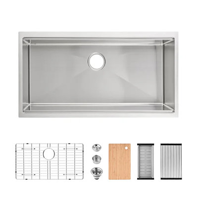 Évier de cuisine encastré à une cuve de 91 x 48 cm (36 x 19 pouces) en acier inoxydable brossé avec accessoires
