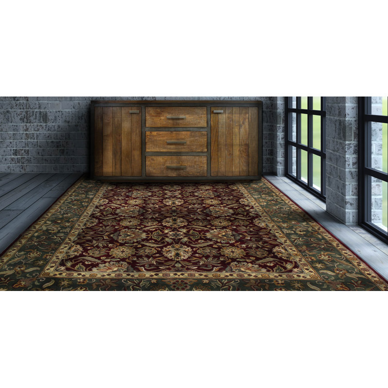 Tapis oriental rouge / vert / beige en laine noué à la main 8 pi x 10 pi Falcon