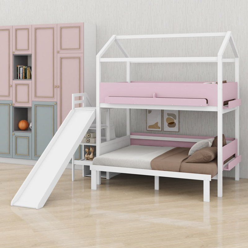 Bunk Bed, House-Shaped with Slide and Storage Staircase, Sturdy Frame, White+Pink